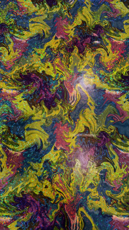 New Abstract Lava design hologram metallic nylon spandex 4way stretch 58/60" Sold by the YD. Ships worldwide from Los Angeles California USA
