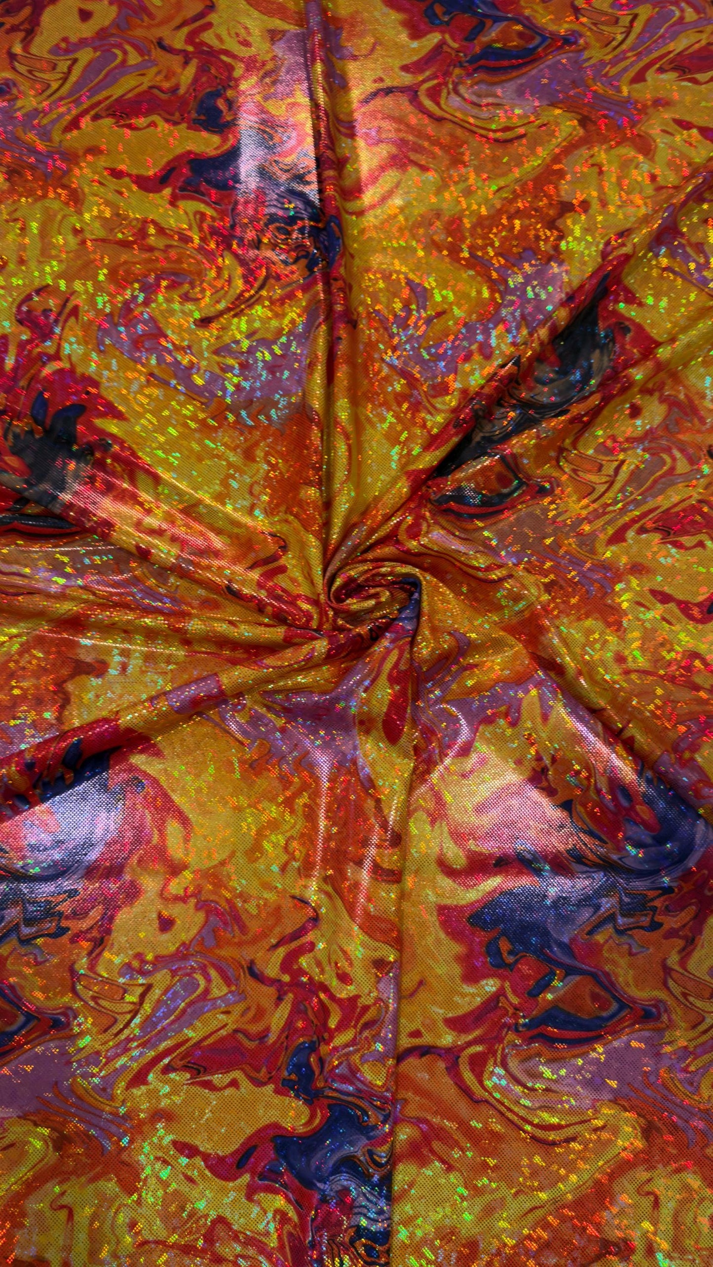 New Abstract Lava design hologram metallic nylon spandex 4way stretch 58/60" Sold by the YD. Ships worldwide from Los Angeles California USA