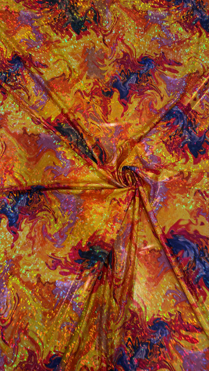 New Abstract Lava design hologram metallic nylon spandex 4way stretch 58/60" Sold by the YD. Ships worldwide from Los Angeles California USA