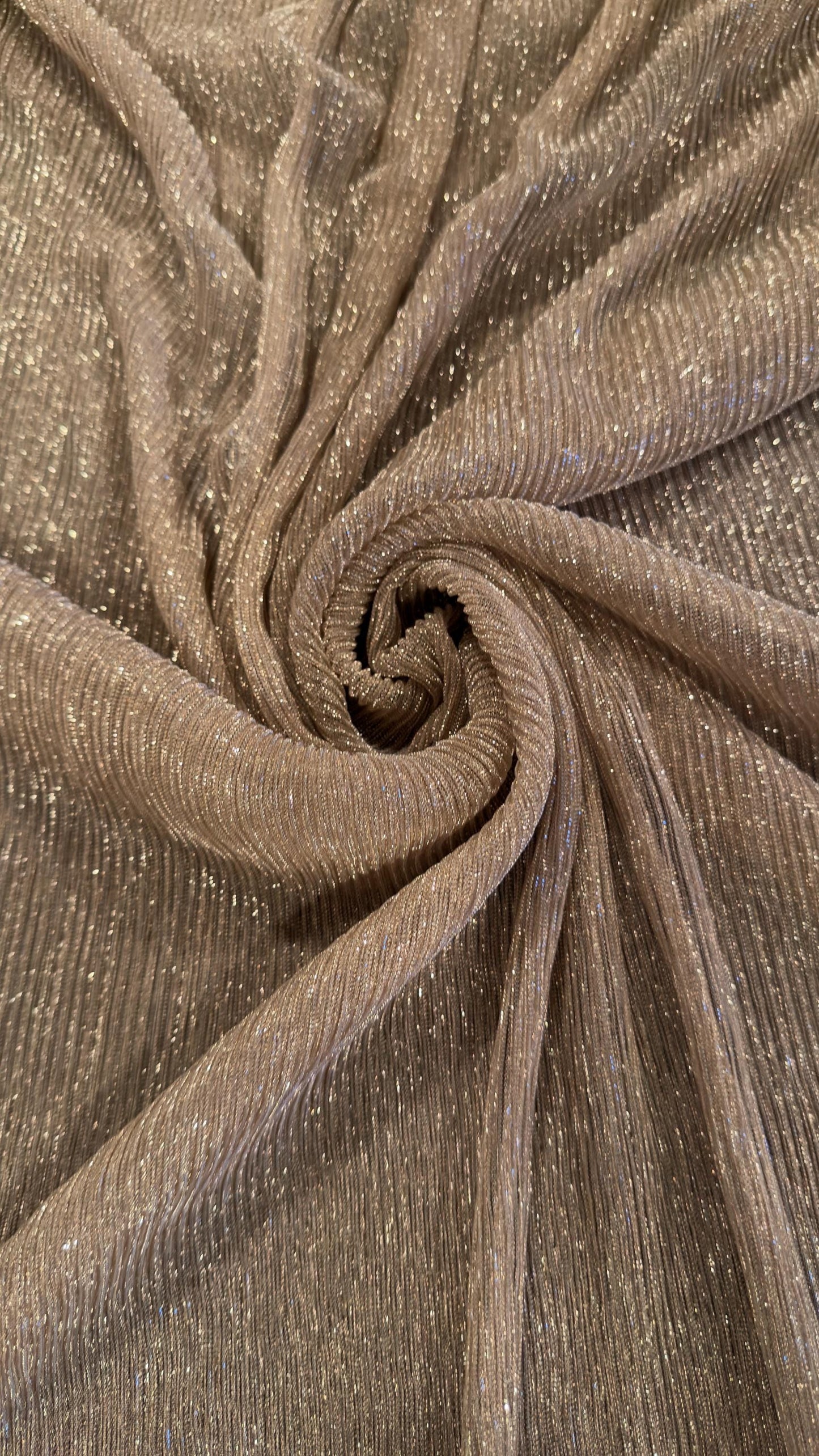 New Pleated metallic stretch mesh Blush color 4way stretch 58/60" Sold by the YD. Ships worldwide from Los Angeles California USA.