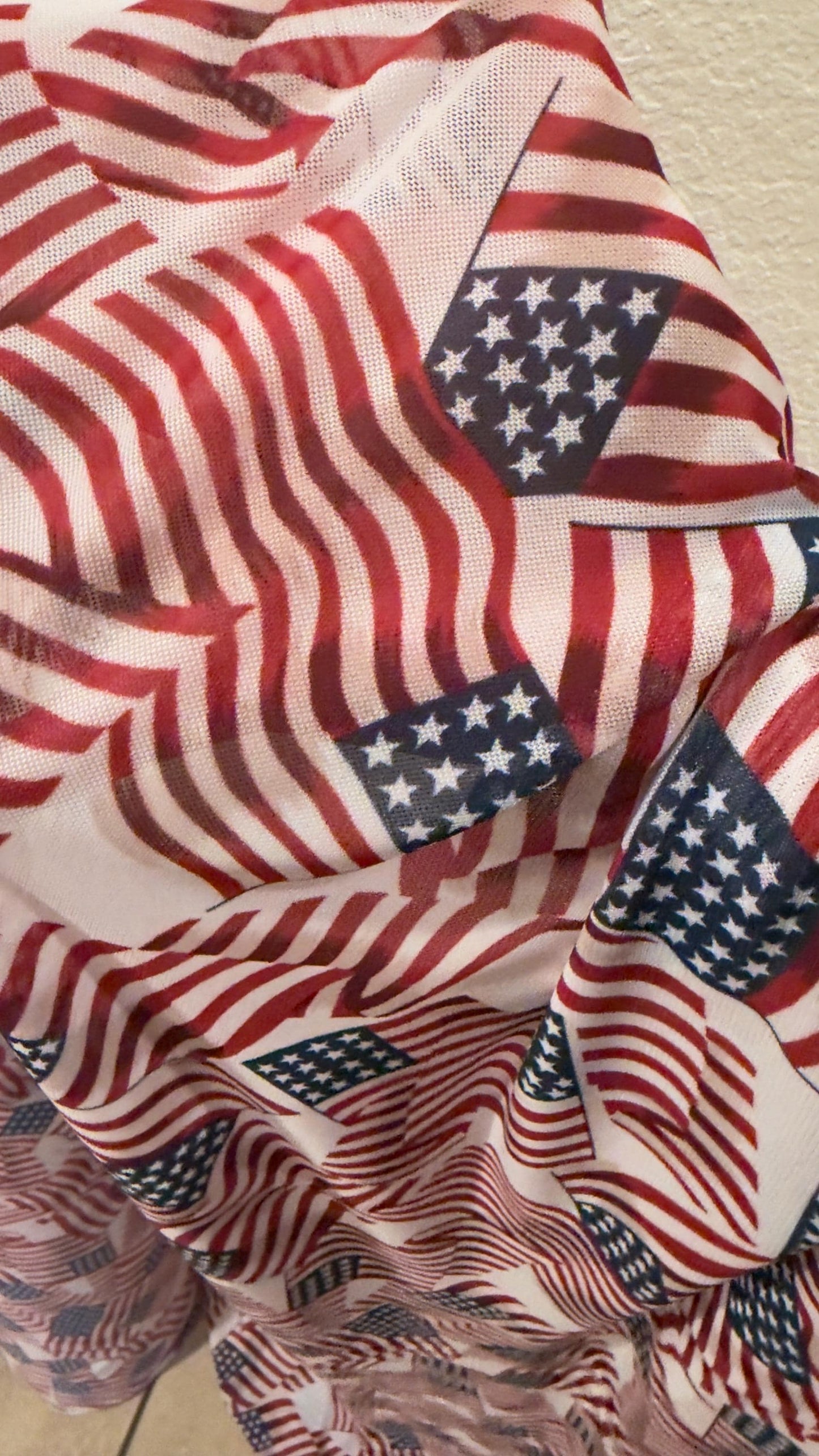 American Flags design print on power mesh 4-way stretch 58/60” Sold by the YD. Ships Worldwide from Los Angeles California USA.