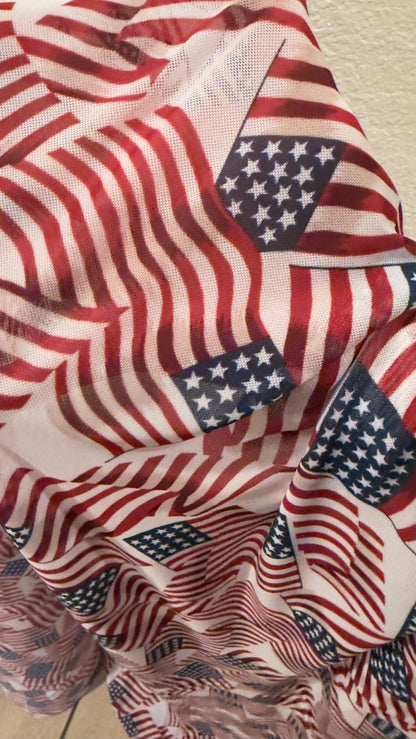 American Flags design print on power mesh 4-way stretch 58/60” Sold by the YD. Ships Worldwide from Los Angeles California USA.