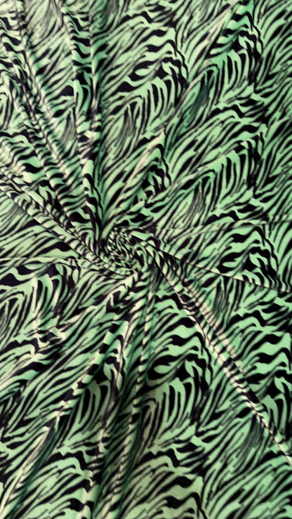 Exotic zebra design Green/Black  luxury stretch velvet 4-way stretch 58/60” High quality fabrics by AlexLAFabrics