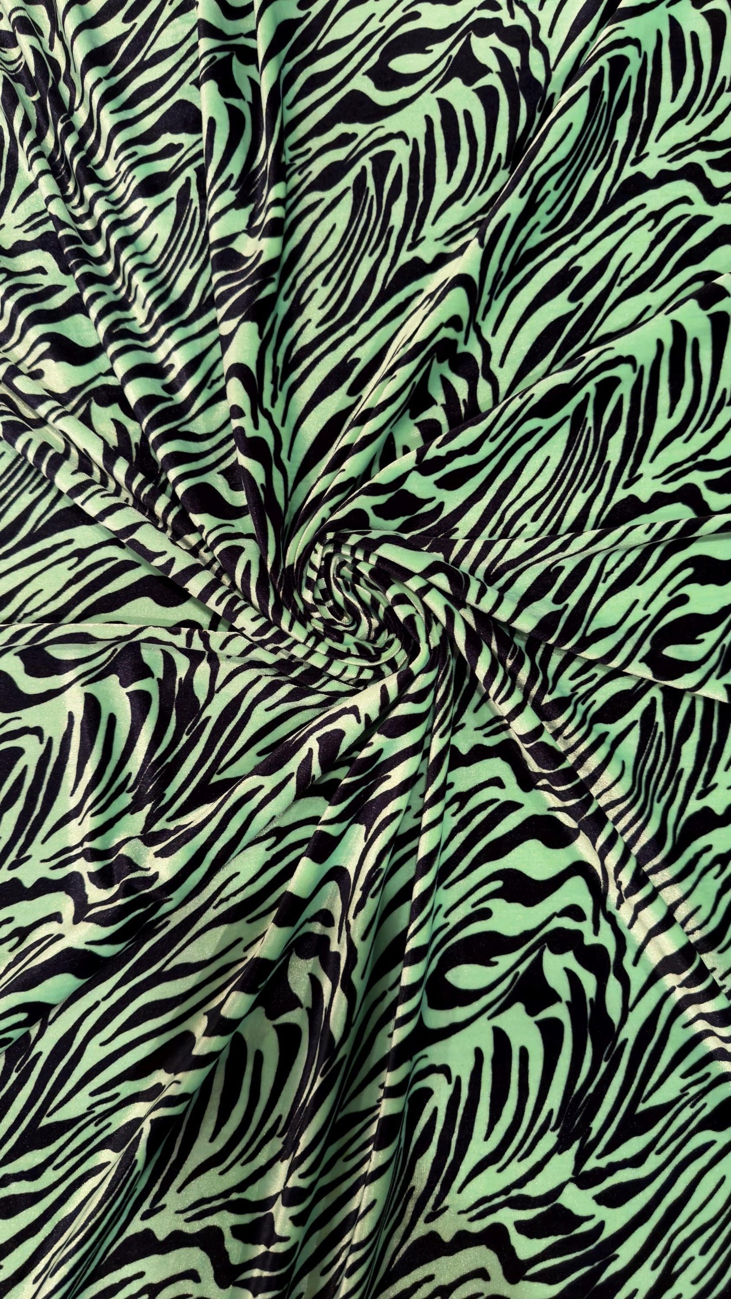 Exotic zebra design Green/Black  luxury stretch velvet 4-way stretch 58/60” High quality fabrics by AlexLAFabrics
