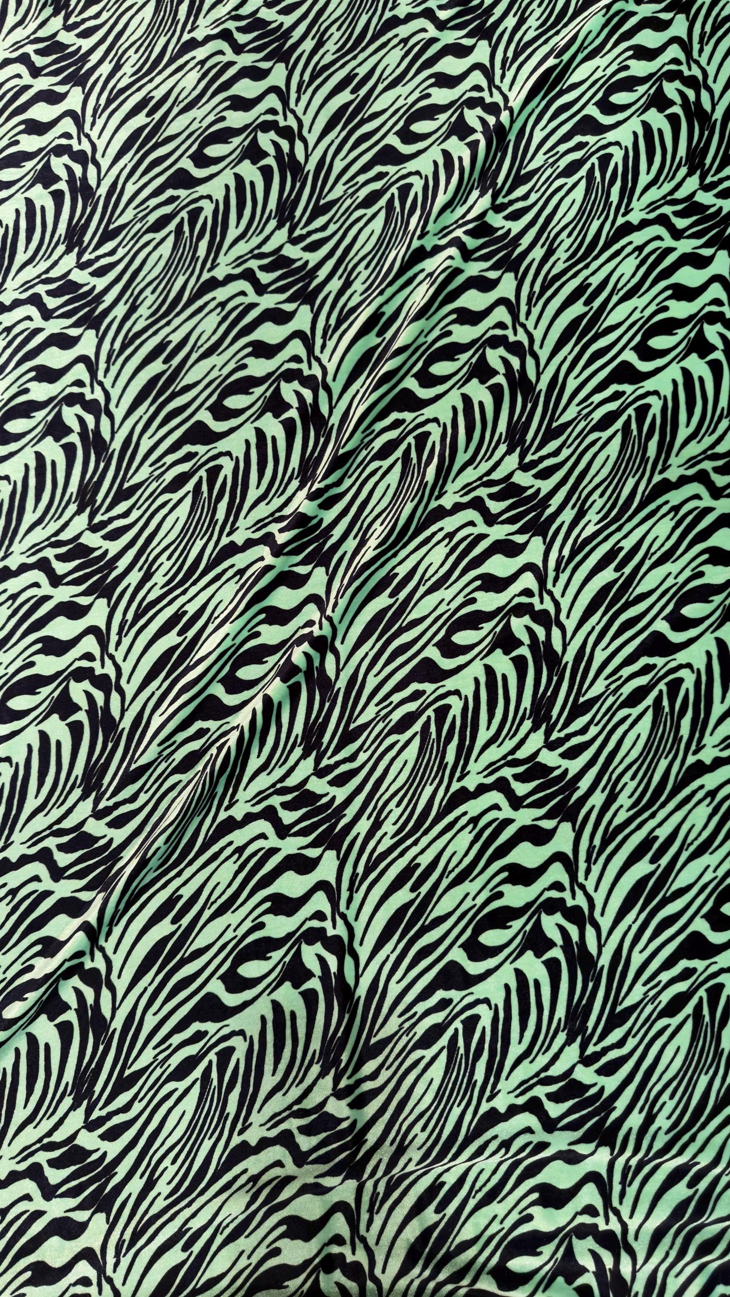 Exotic zebra design Green/Black  luxury stretch velvet 4-way stretch 58/60” High quality fabrics by AlexLAFabrics
