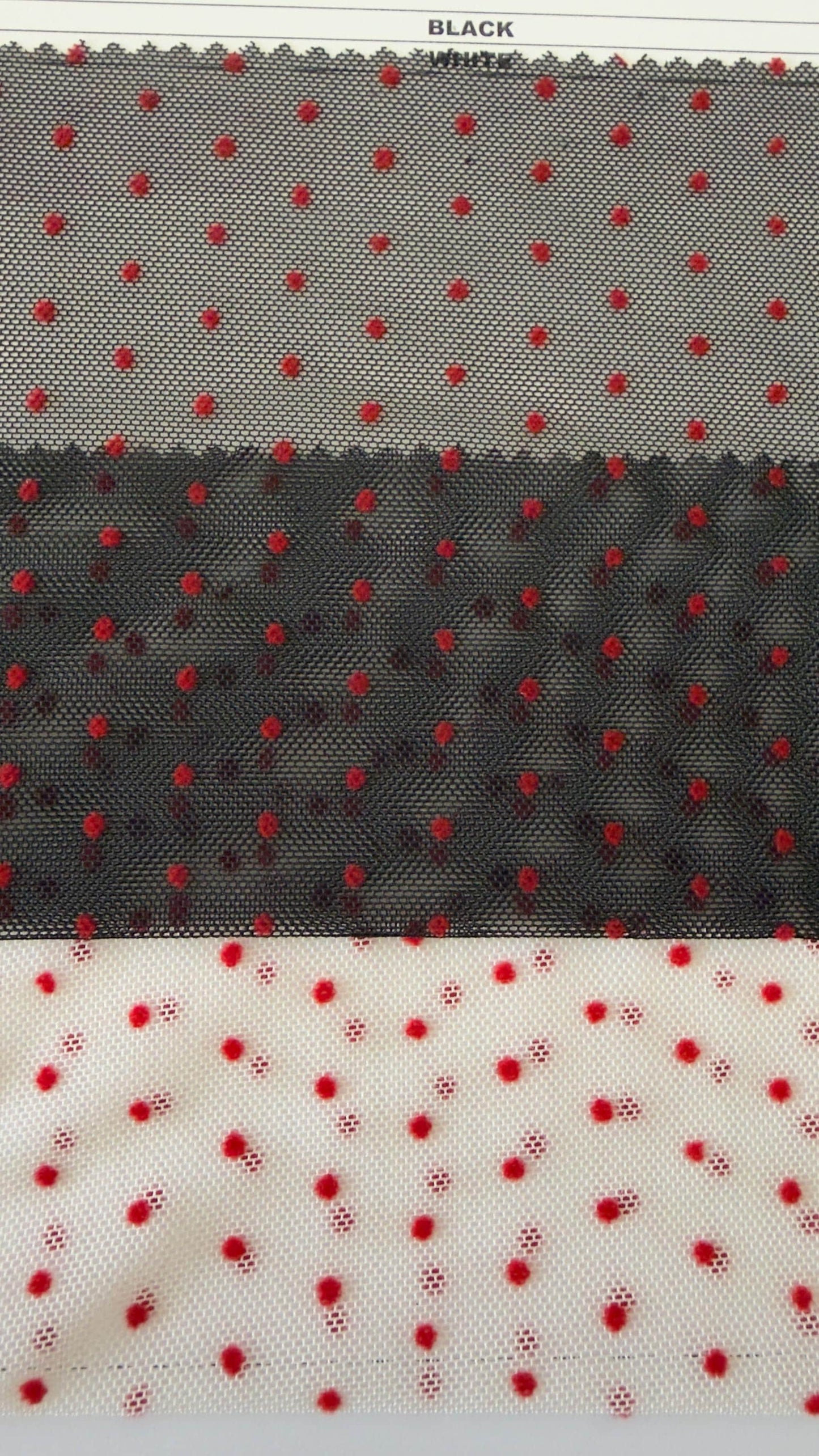 New polka dots design on power mesh with red small flocking dots 4-way stretch 58/60” Sold by the YD. Ships Worldwide from Los Angeles cali