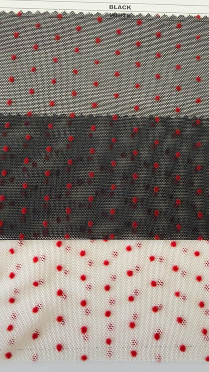 New polka dots design on power mesh with red small flocking dots 4-way stretch 58/60” Sold by the YD. Ships Worldwide from Los Angeles cali