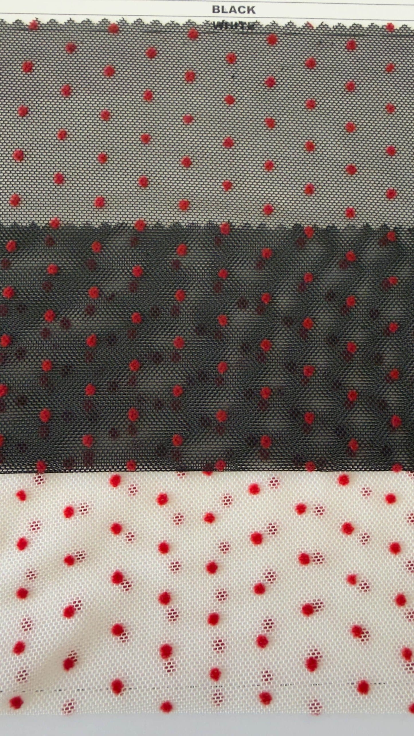 New polka dots design on power mesh with red small flocking dots 4-way stretch 58/60” Sold by the YD. Ships Worldwide from Los Angeles cali