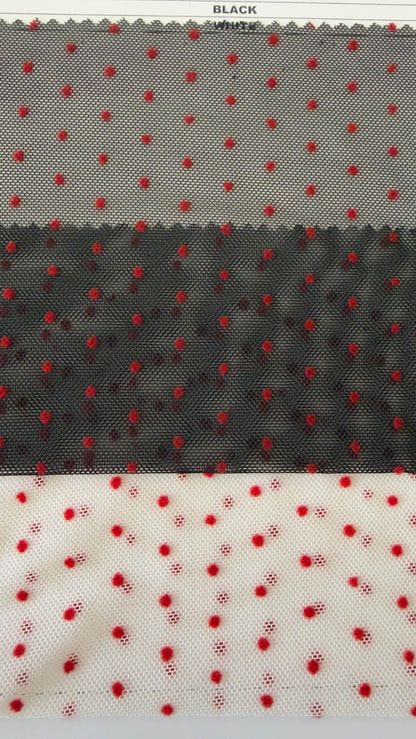 New polka dots design on power mesh with red small flocking dots 4-way stretch 58/60” Sold by the YD. Ships Worldwide from Los Angeles cali