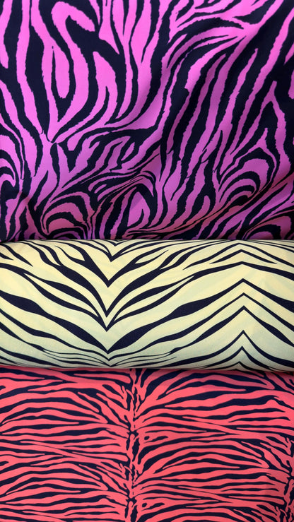 New Exotic zebra design print on nylon spandex 4way stretch 58/60" Sold by the YD. Ships worldwide from Los Angeles California USA.