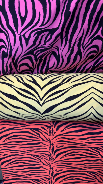 New Exotic zebra design print on nylon spandex 4way stretch 58/60" Sold by the YD. Ships worldwide from Los Angeles California USA.