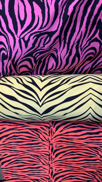New Exotic zebra design print on nylon spandex 4way stretch 58/60" Sold by the YD. Ships worldwide from Los Angeles California USA.