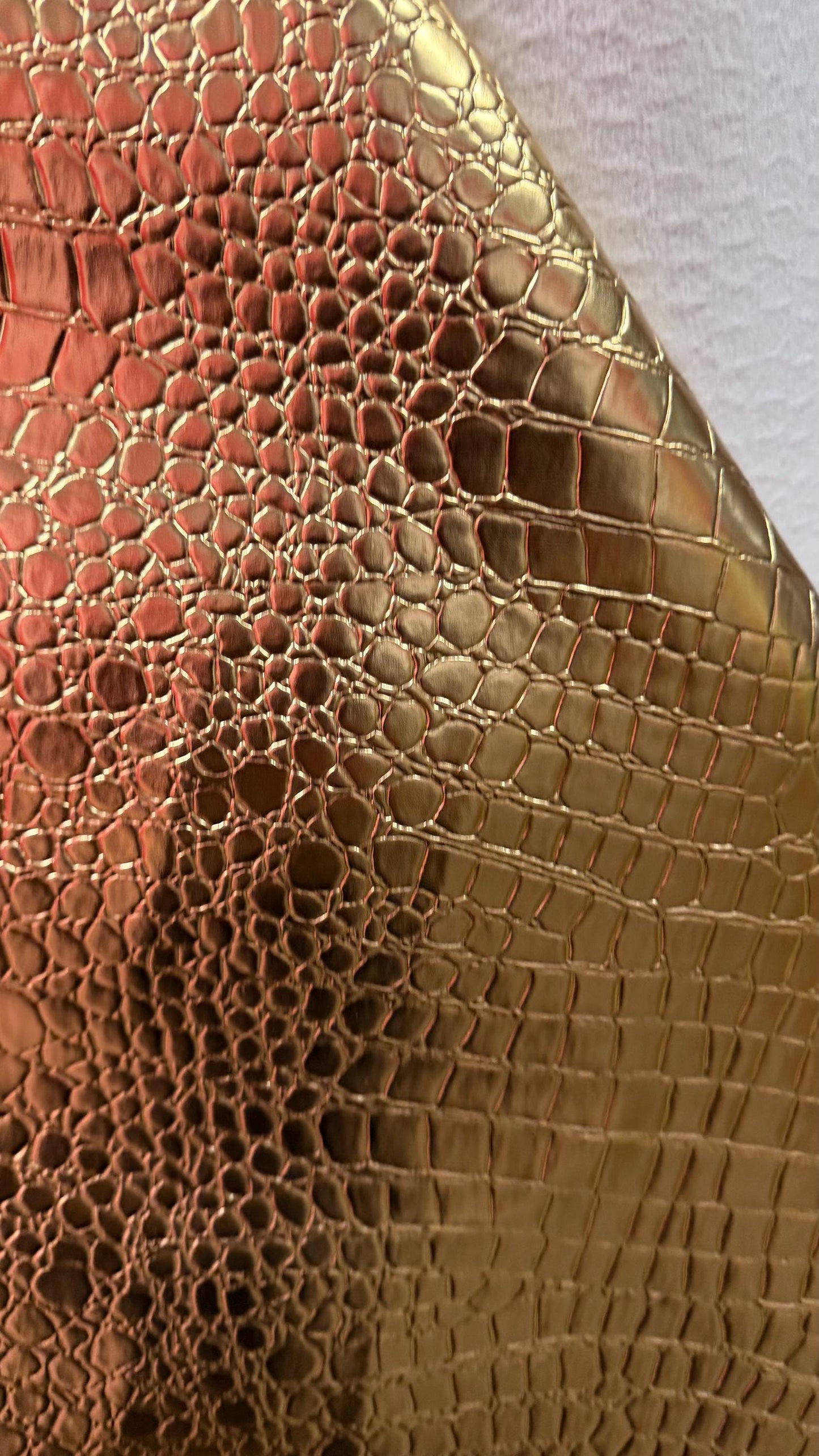 New Exotic Vinyl Crocodile design super shiny  Gold Croc Skin vinyl 55/56” Sold by the YD. Ships Worldwide from Los Angeles California USA.