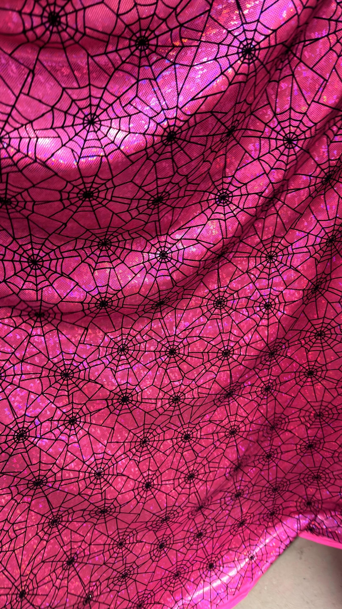 NEW Spiderweb design flocking on broken glasss Hologram metallic 4way strech nylon spandex sold by the yd. Ships from Los Angeles California