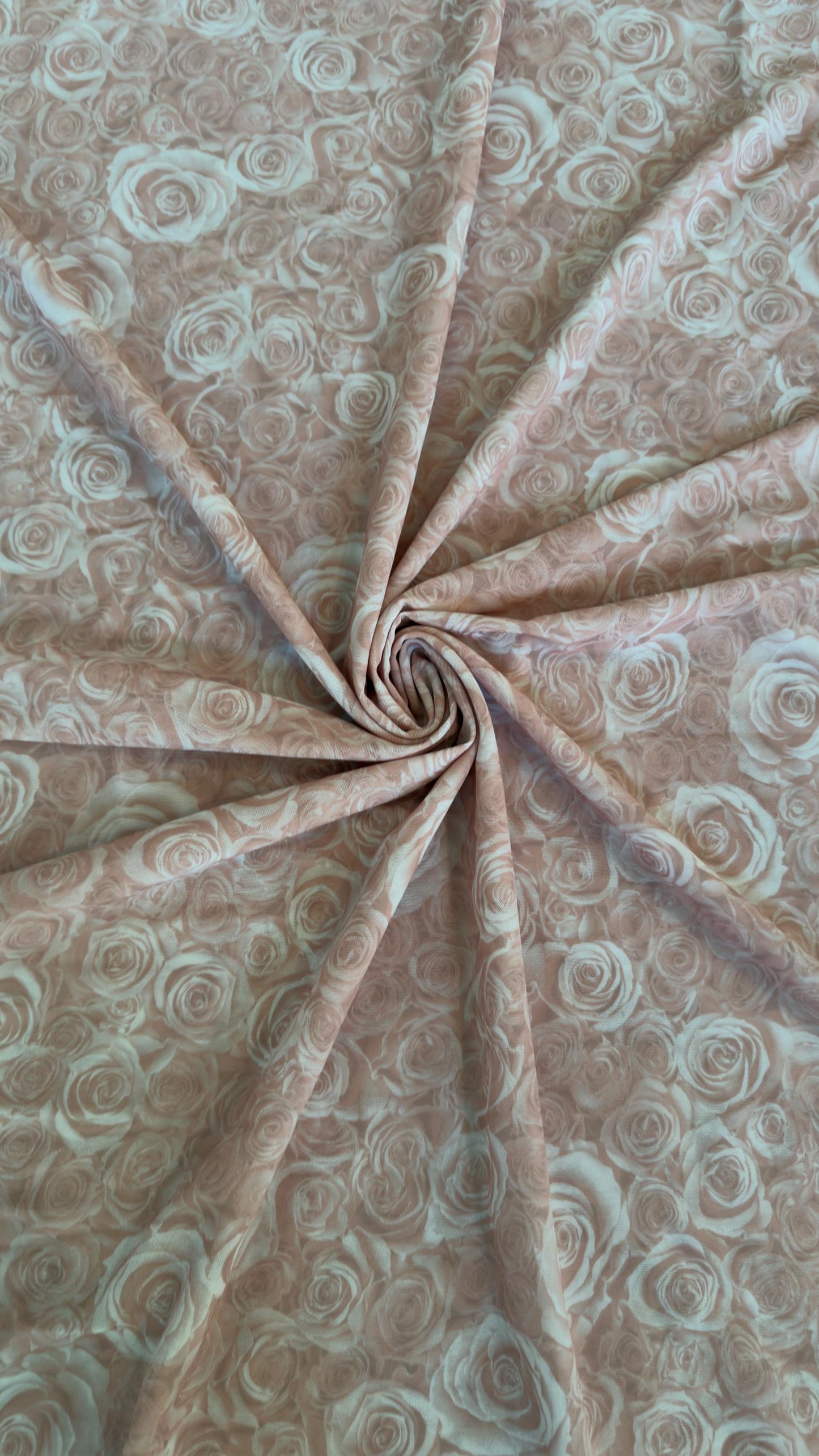 New Romantic Blush Rose design print on great quality of jumbo power mesh nylon spandex  4-way stretch 58/60” High Quality fabrics