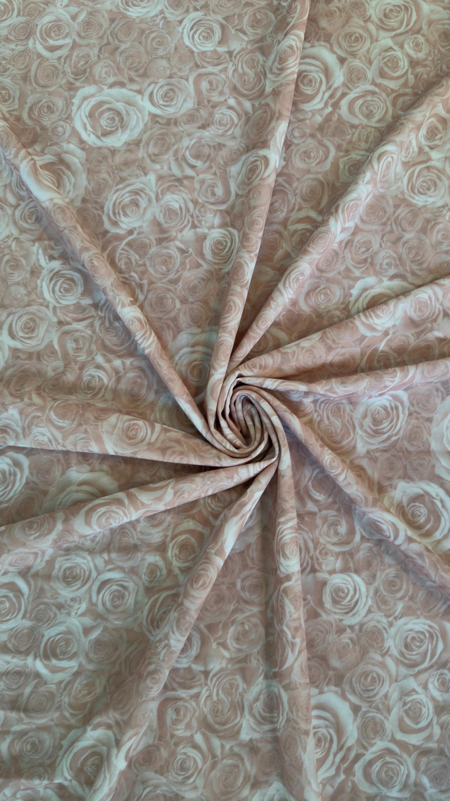 New Romantic Blush Rose design print on great quality of jumbo power mesh nylon spandex  4-way stretch 58/60” High Quality fabrics