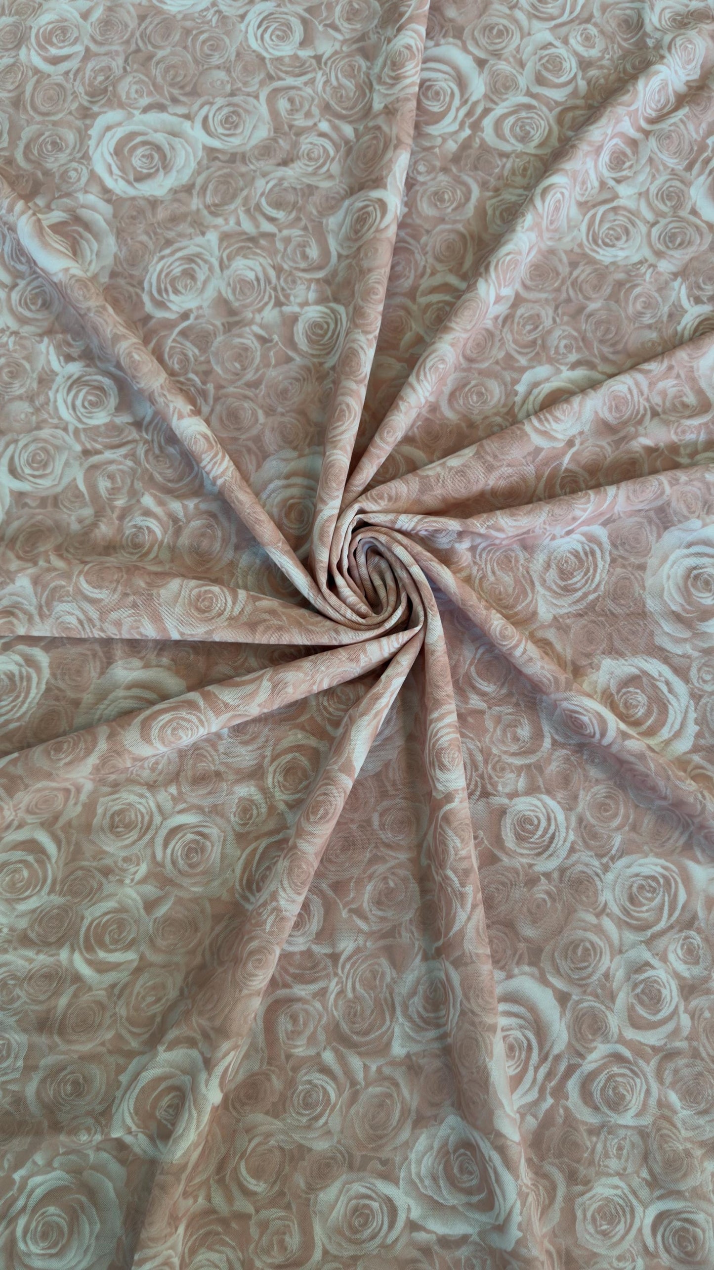New Romantic Blush Rose design print on great quality of jumbo power mesh nylon spandex  4-way stretch 58/60” High Quality fabrics