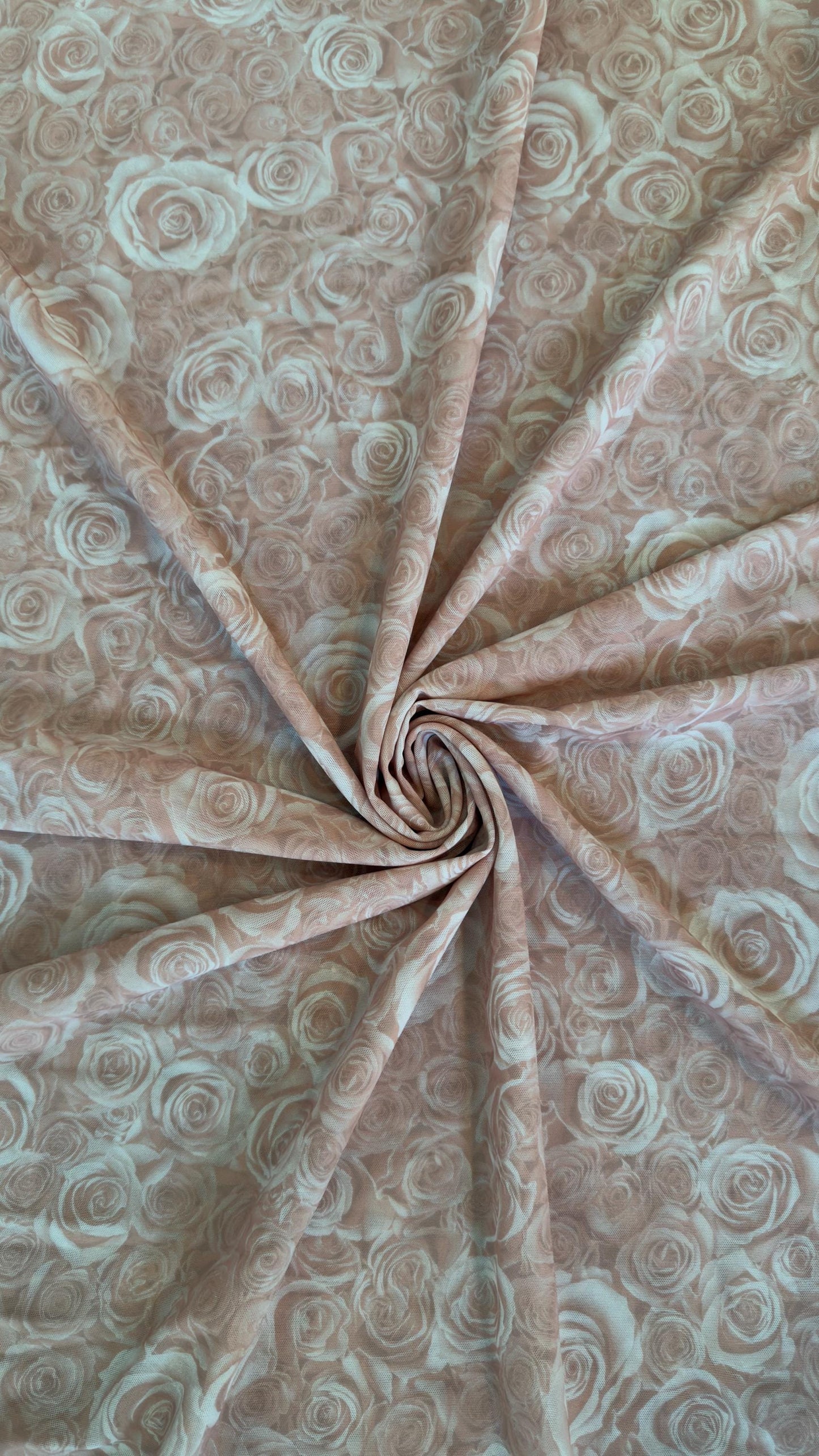New Romantic Blush Rose design print on great quality of jumbo power mesh nylon spandex  4-way stretch 58/60” High Quality fabrics