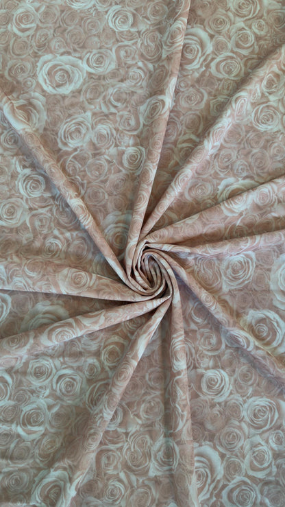 New Romantic Blush Rose design print on great quality of jumbo power mesh nylon spandex  4-way stretch 58/60” High Quality fabrics