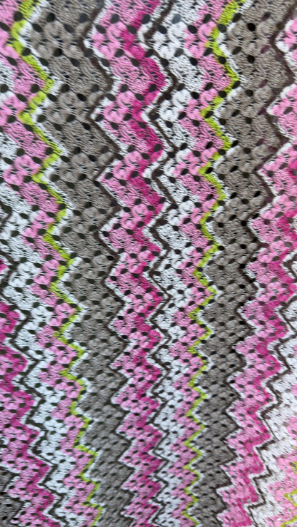 New lace crochet design Pink/ multicolor 2-way stretch 54/55” Sold by the YD. Ships worldwide from Los Angeles California USA