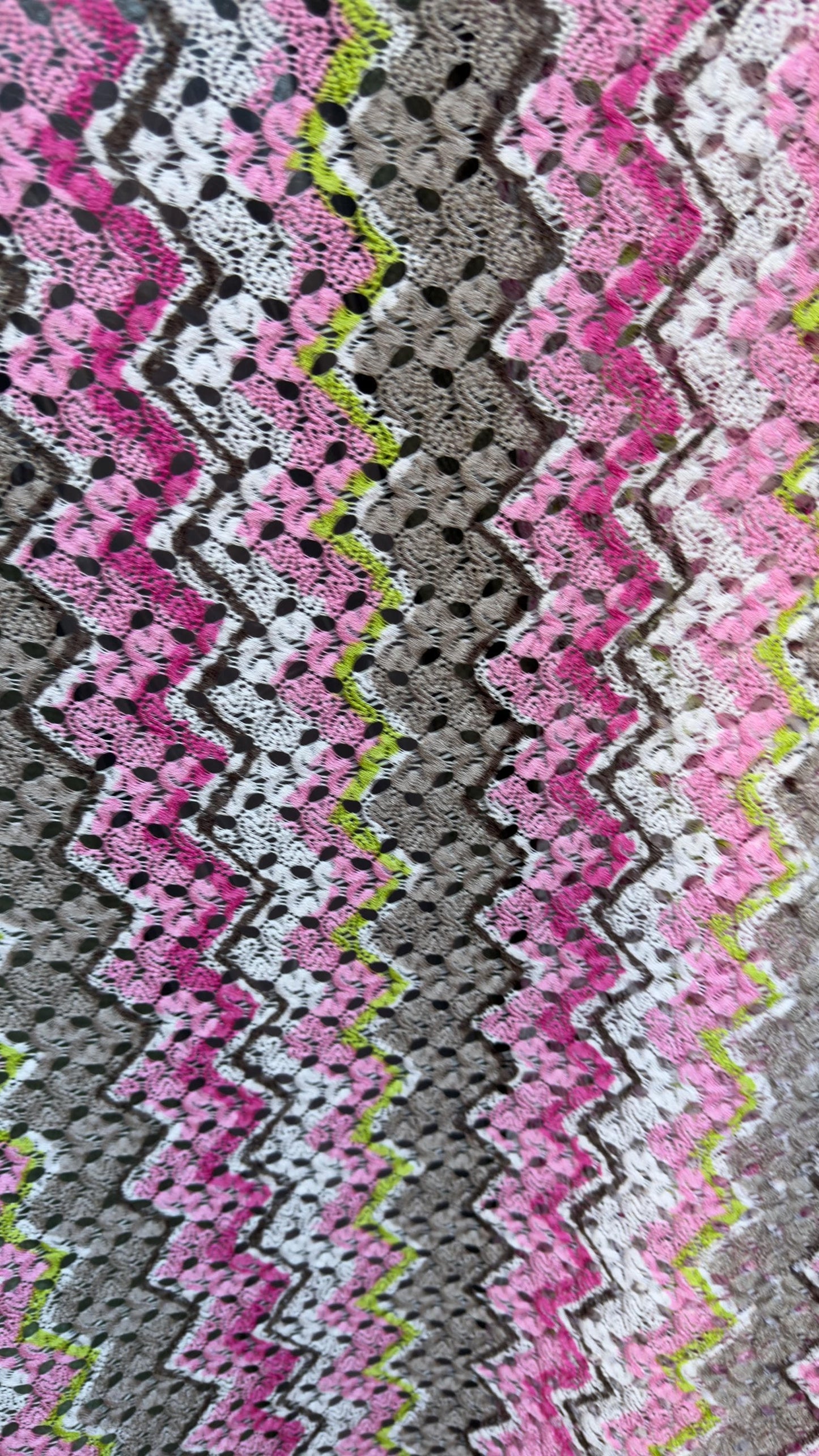 New lace crochet design Pink/ multicolor 2-way stretch 54/55” Sold by the YD. Ships worldwide from Los Angeles California USA
