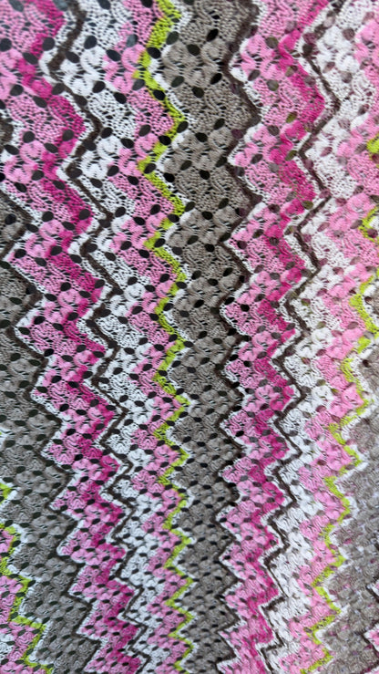 New lace crochet design Pink/ multicolor 2-way stretch 54/55” Sold by the YD. Ships worldwide from Los Angeles California USA