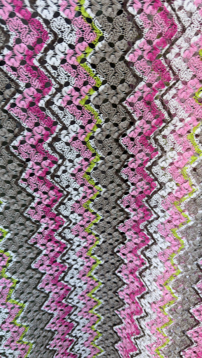 New lace crochet design Pink/ multicolor 2-way stretch 54/55” Sold by the YD. Ships worldwide from Los Angeles California USA