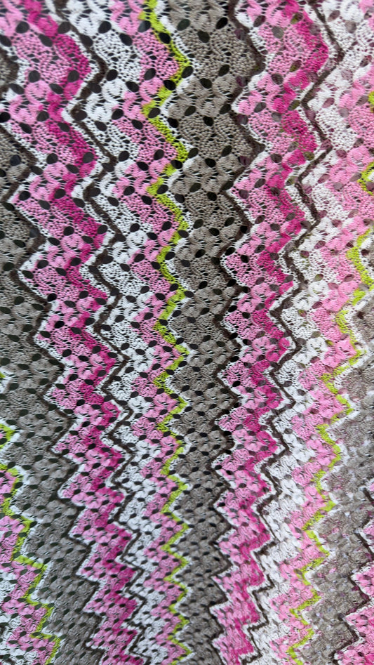 New lace crochet design Pink/ multicolor 2-way stretch 54/55” Sold by the YD. Ships worldwide from Los Angeles California USA