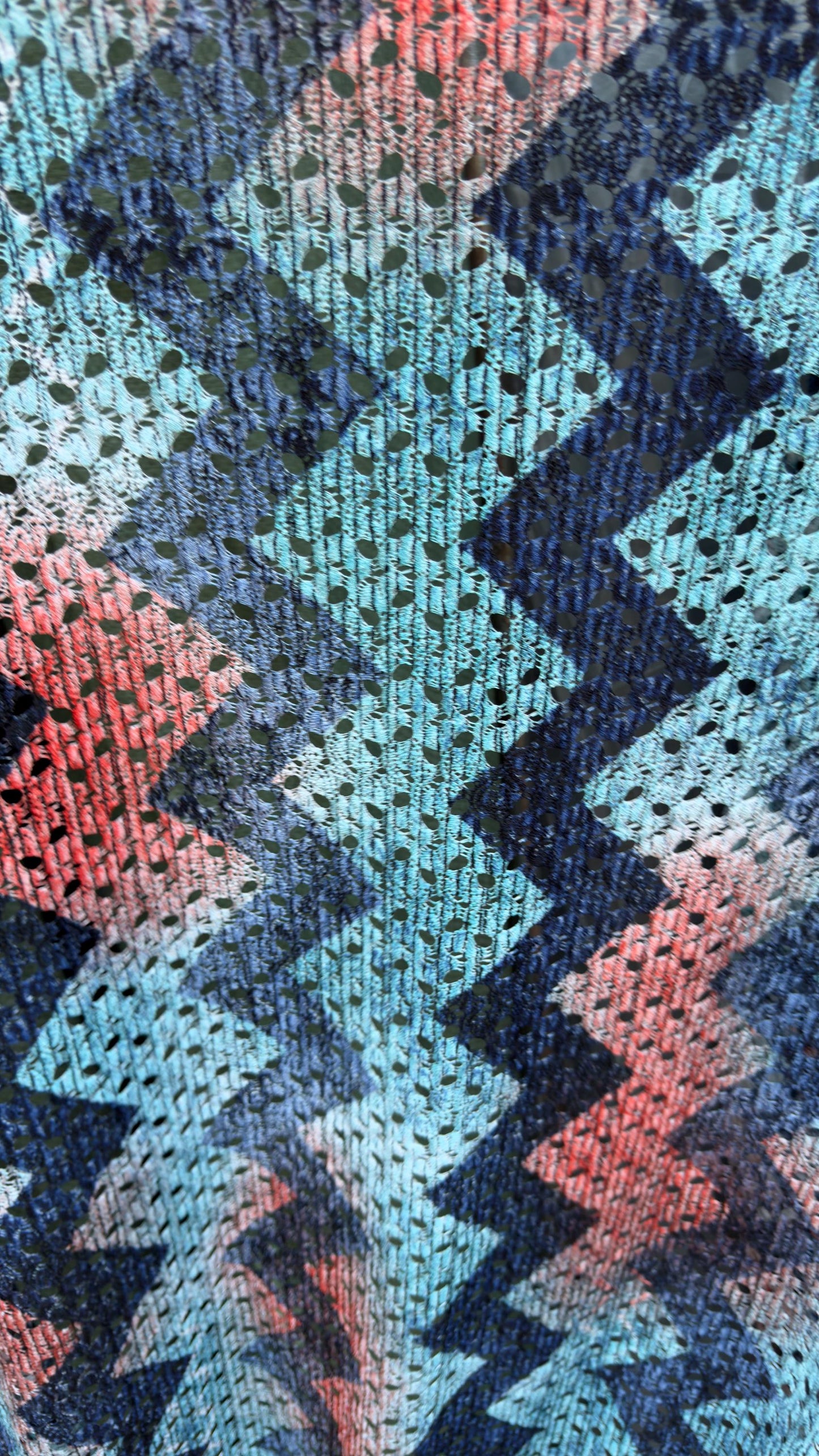 New lace crochet design Blue/multicolor 2-way stretch 54/55” Sold by the YD. Ships worldwide from Los Angeles California USA