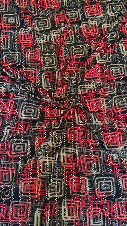 New modern geometric design poly spandex with holo sequins medium weight 2-way stretch 58/60” Sold by the YD. Ships worldwide