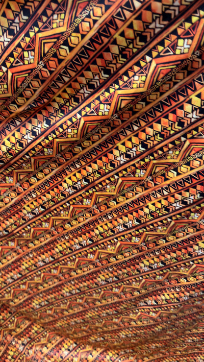 AZTEC design Yellow/Orange on nylon spandex 4way Stretch 58/60" Sold by the yd Ships worldwide from Los Angeles California USA.