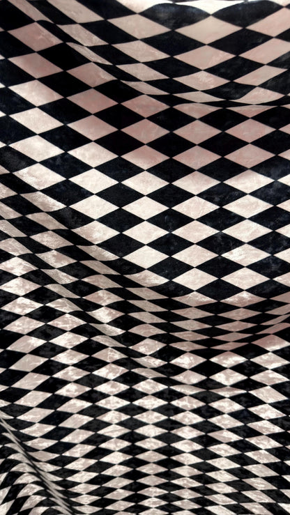 Diamond Harlequin design Black/White & Red/White print on great quality of Crushed stretch velvet 4-way stretch 58/60” High quality fabrics