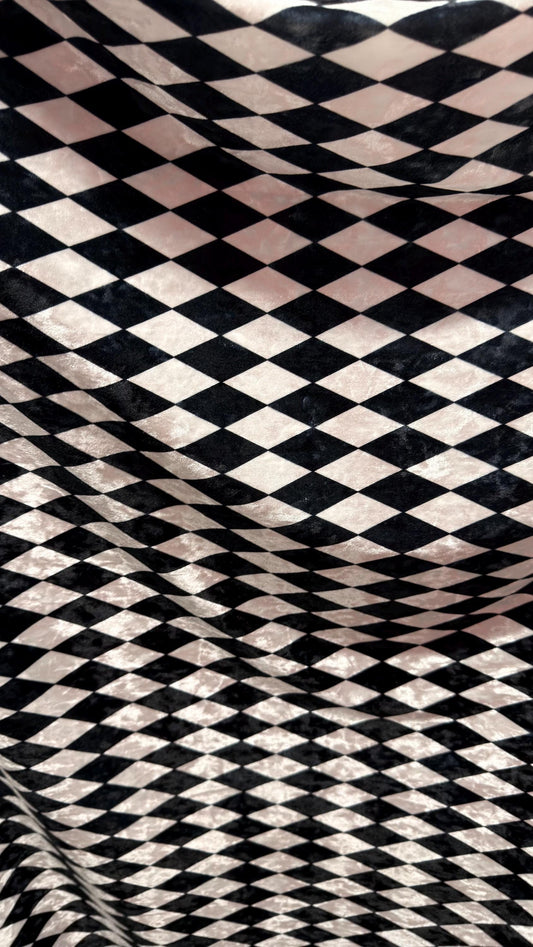 Diamond Harlequin design Black/White & Red/White print on great quality of Crushed stretch velvet 4-way stretch 58/60” High quality fabrics