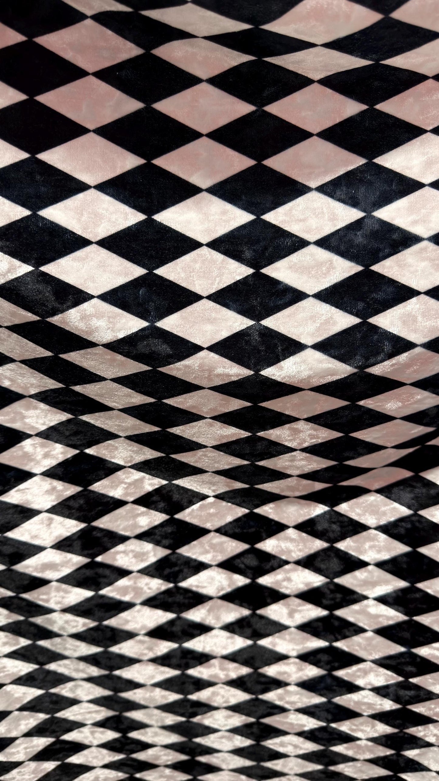 Diamond Harlequin design Black/White & Red/White print on great quality of Crushed stretch velvet 4-way stretch 58/60” High quality fabrics