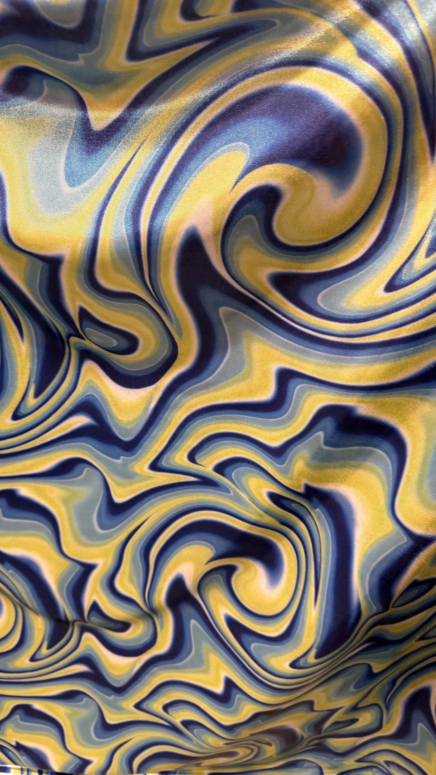 New Modern abstract lava design Blue/Yellow  on foggy foil metallic nylon spandex 4-way stretch 58/60” Sold by the YD.