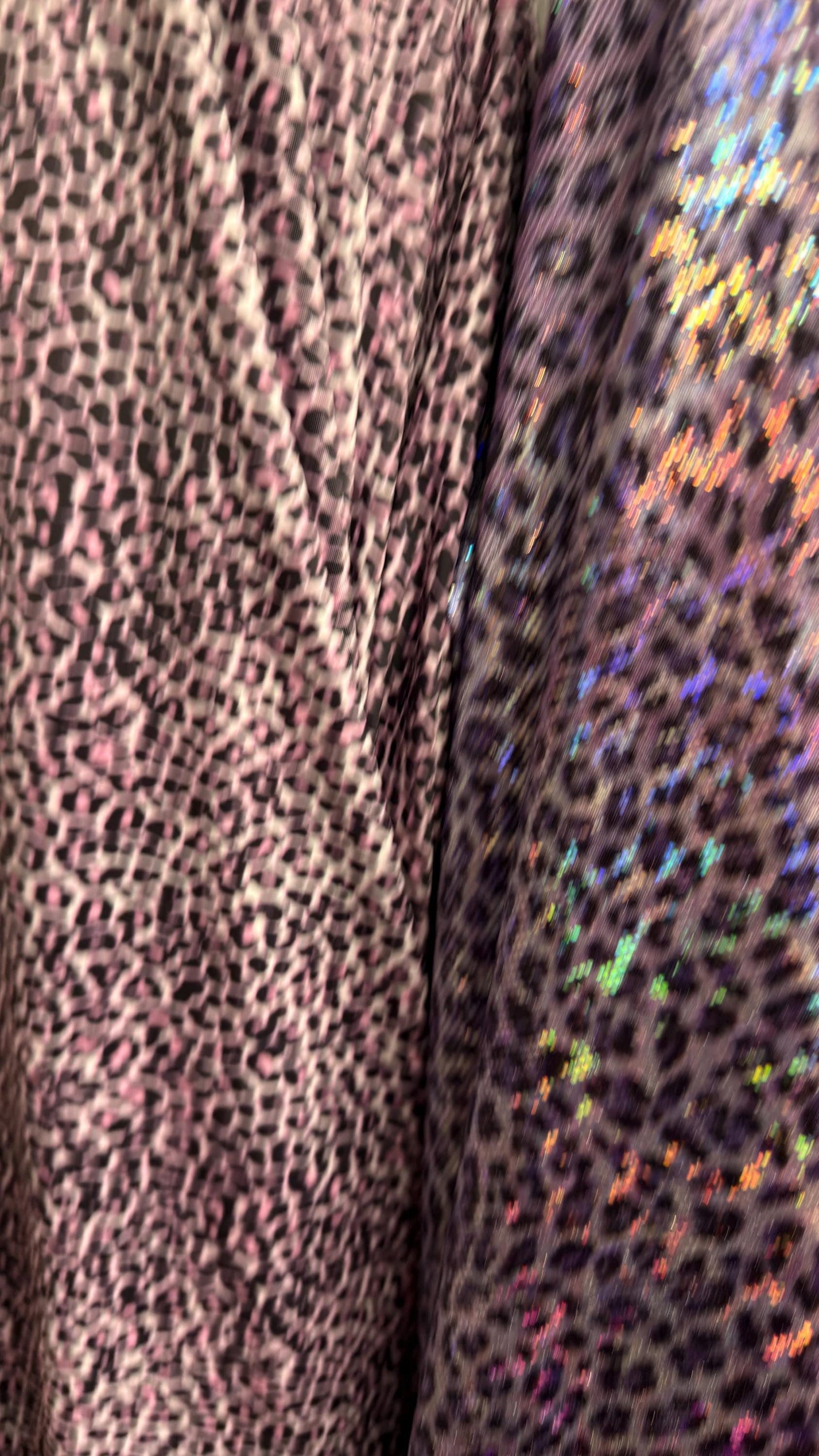 New Exotic cheetah design Violet Pink on metallic shattered glass nylon spandex and regular nylon spandex  4-way stretch 58/60”