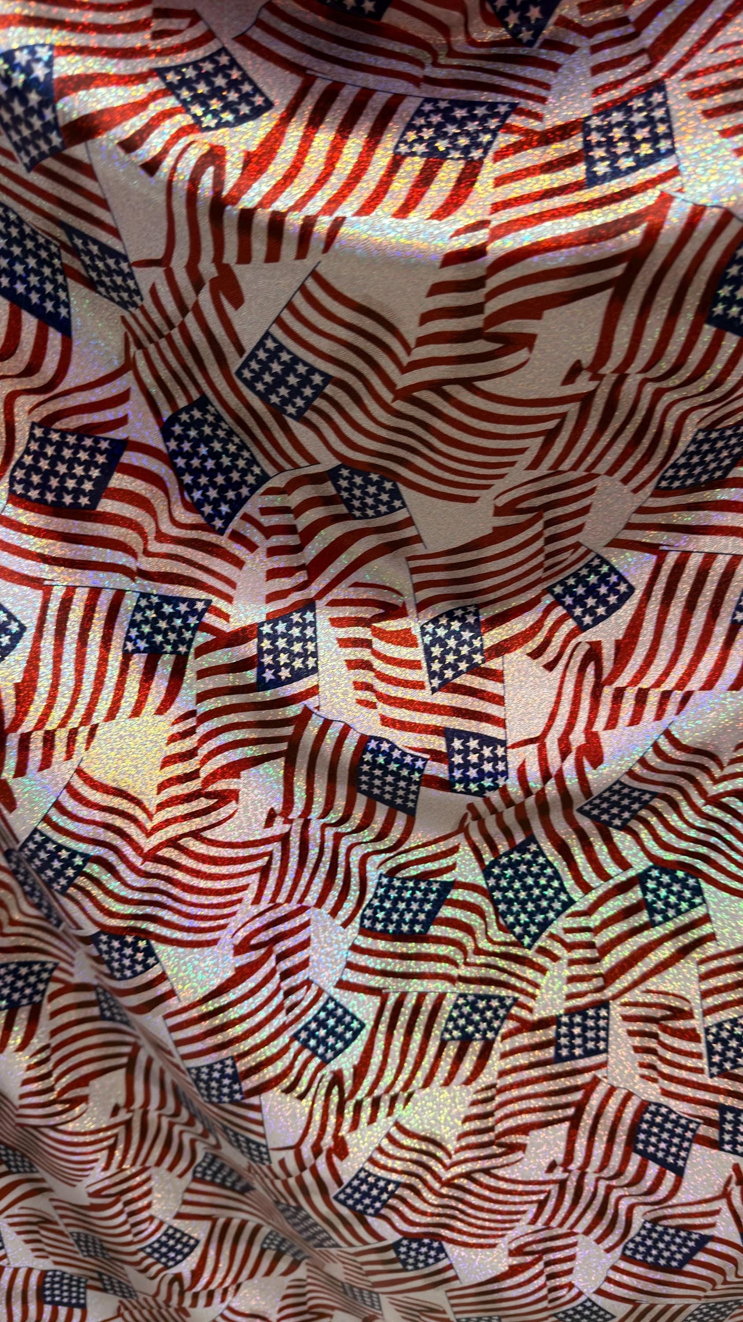Freedom American Flag design on metallic  hologram nylon spandex with foggy foil  4-way stretch 58/60” High quality fabrics by AlexLAFabrics