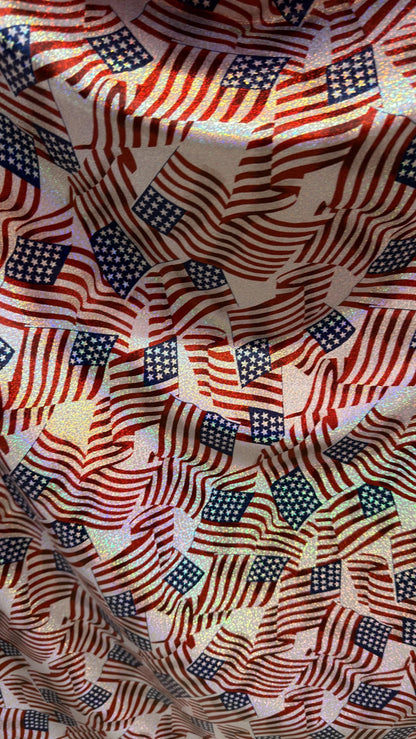 Freedom American Flag design on metallic  hologram nylon spandex with foggy foil  4-way stretch 58/60” High quality fabrics by AlexLAFabrics