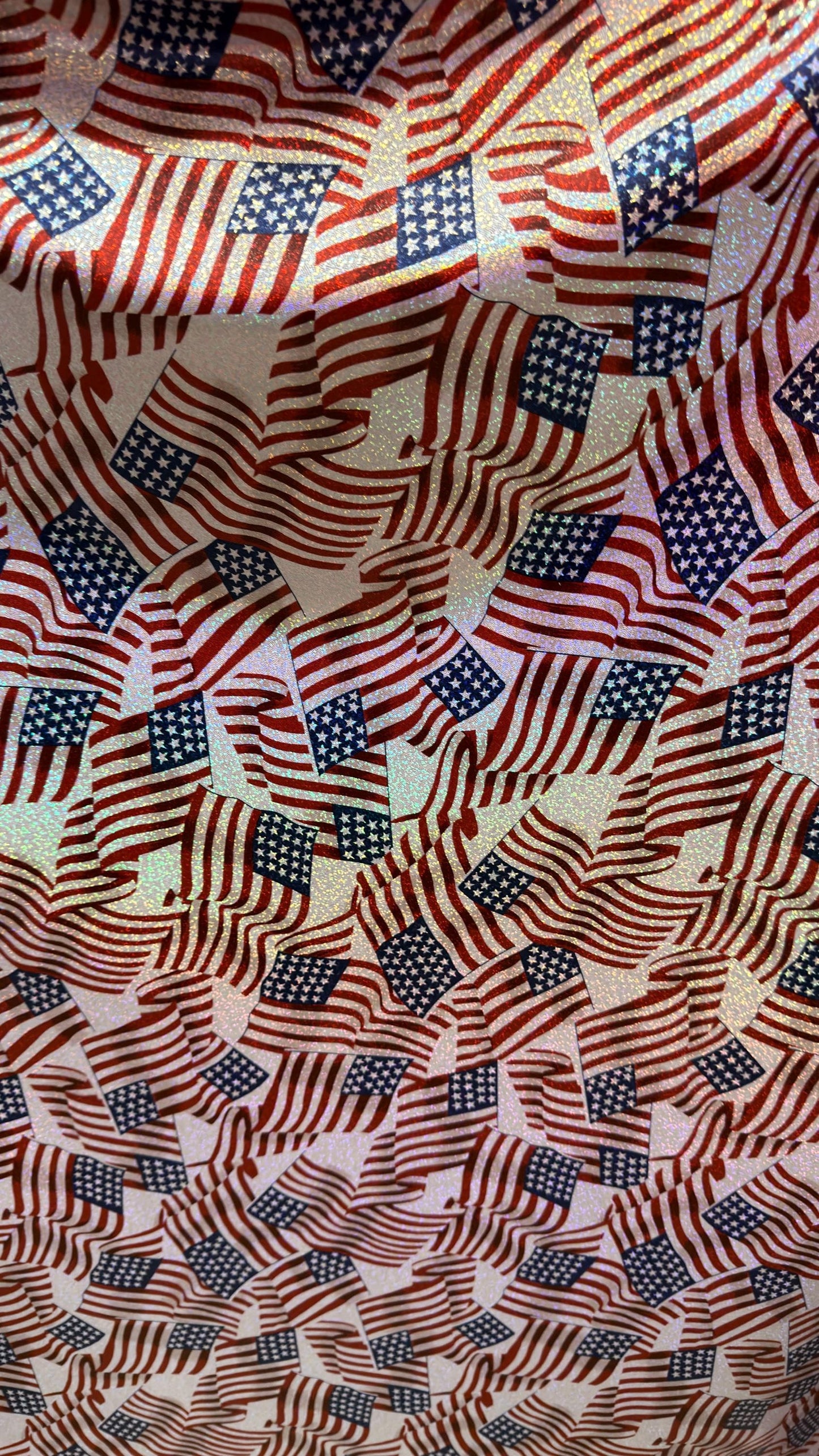 Freedom American Flag design on metallic  hologram nylon spandex with foggy foil  4-way stretch 58/60” High quality fabrics by AlexLAFabrics