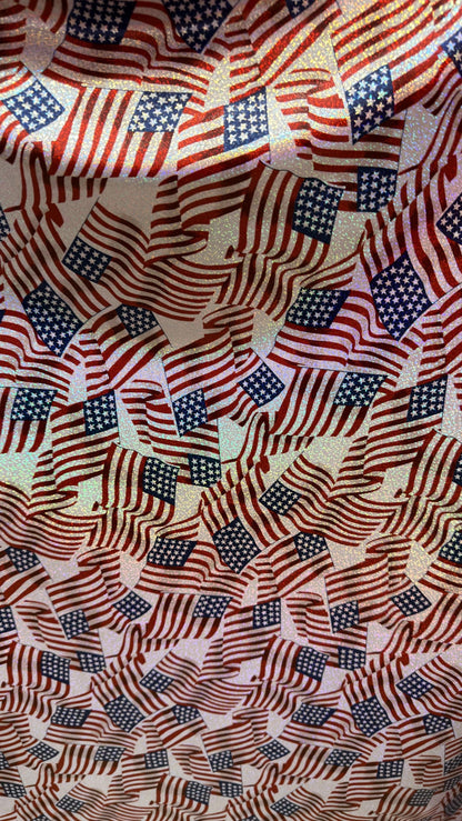 Freedom American Flag design on metallic  hologram nylon spandex with foggy foil  4-way stretch 58/60” High quality fabrics by AlexLAFabrics