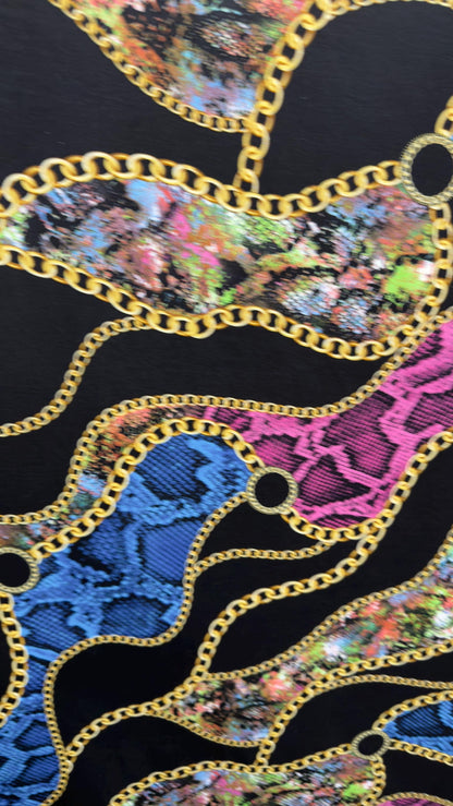 New brand fashion chain design print on great quality of cotton  spandex 4-way stretch 58/60” Sold by the YD.