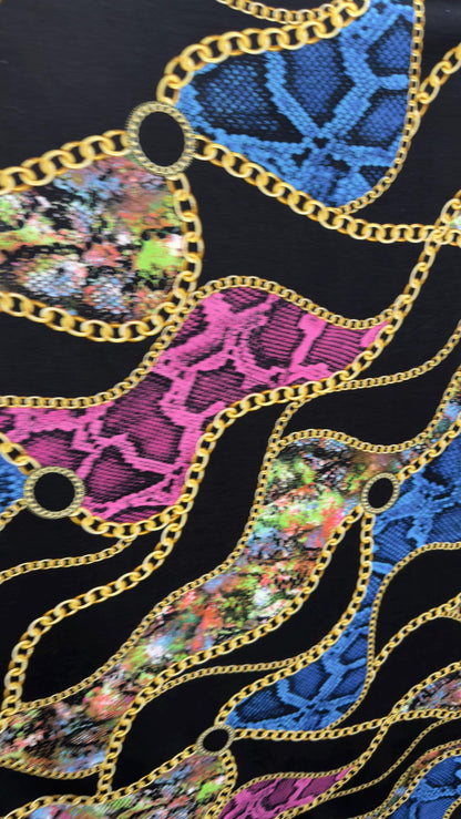 New brand fashion chain design print on great quality of cotton  spandex 4-way stretch 58/60” Sold by the YD.