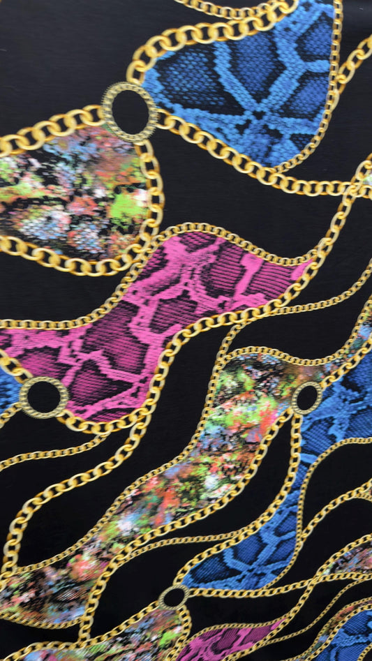 New brand fashion chain design print on great quality of cotton  spandex 4-way stretch 58/60” Sold by the YD.