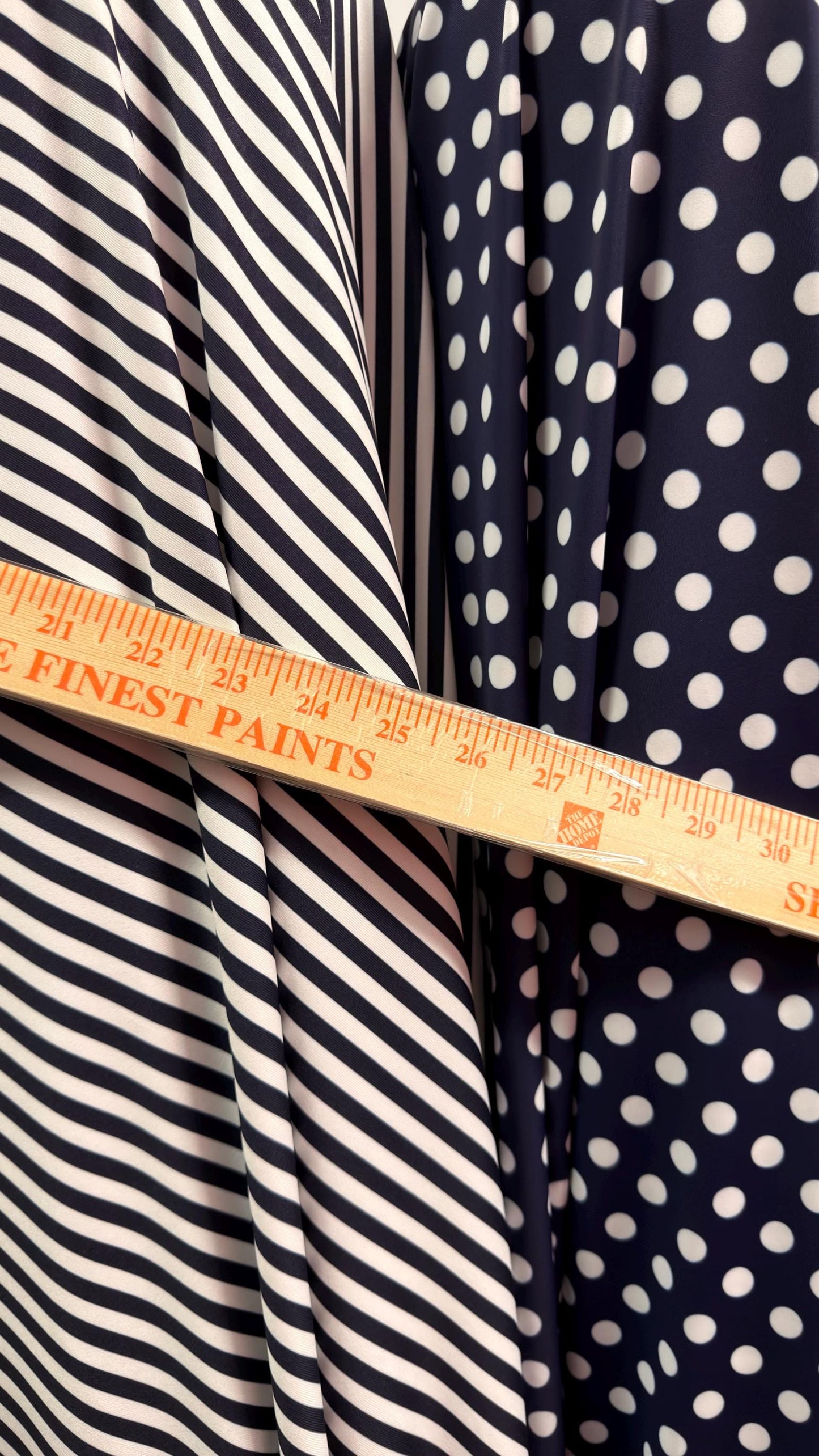 Polka dots and Small stripes design print on nylon spandex 4way stretch  58/60" sold by the Yd. Ships worldwide from Los Angeles California