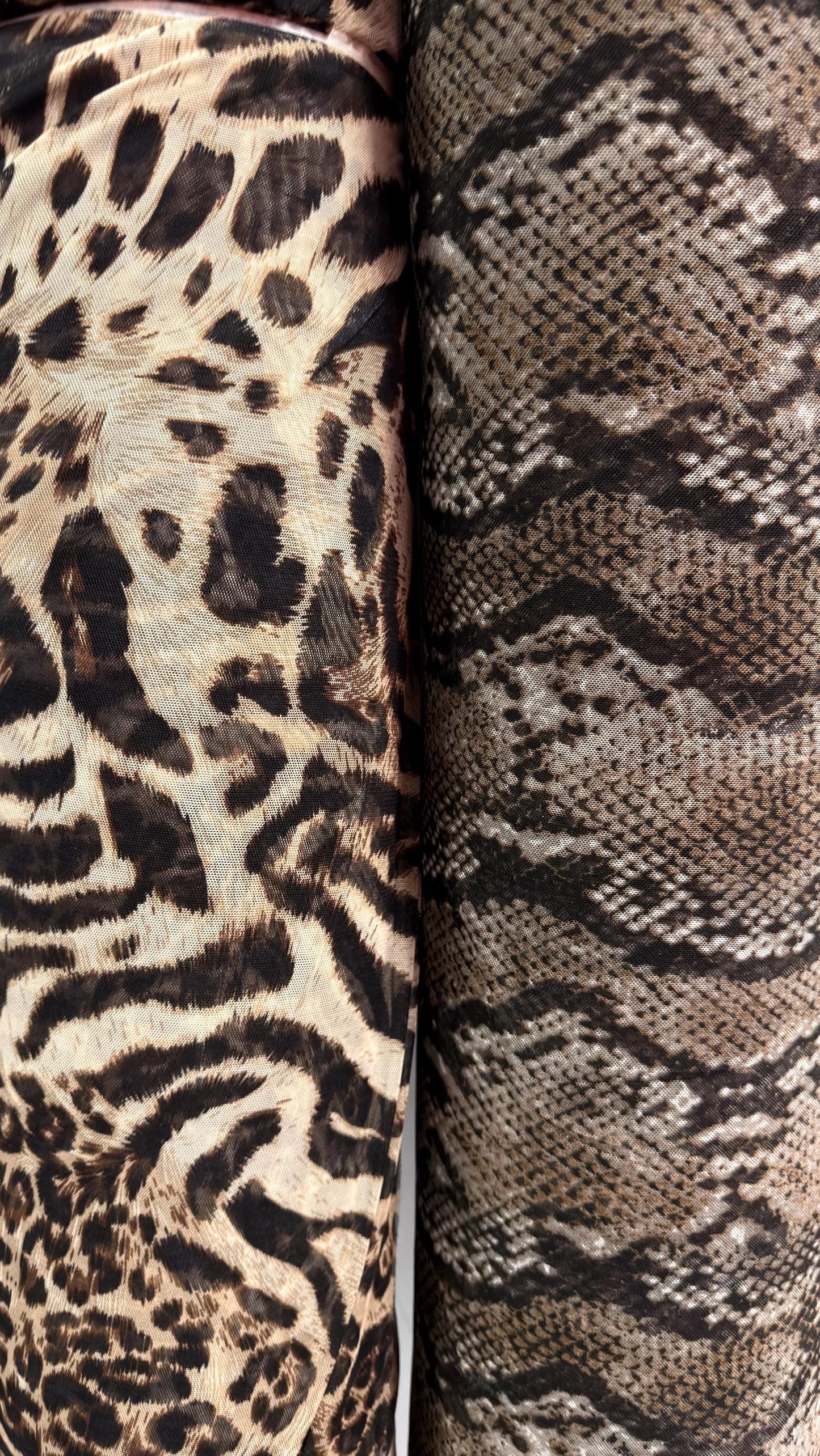 Anaconda snake skin and Safari Leopard design print on best quality of nylon power mesh 4way stretch 58/60” Sold by the YD. Ships Worldwide