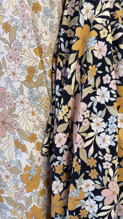 New Floral design print on rib nylon spandex 4-way stretch 58/60” Sold by the YD. Ships Worldwide from Los Angeles California USA.