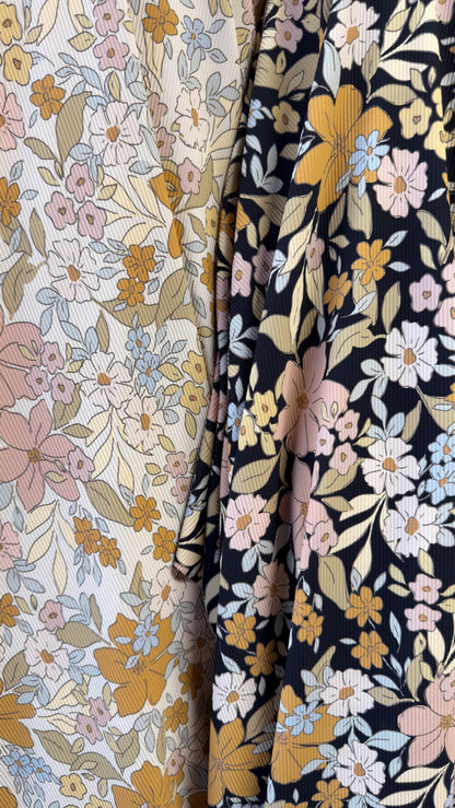 New Floral design print on rib nylon spandex 4-way stretch 58/60” Sold by the YD. Ships Worldwide from Los Angeles California USA.