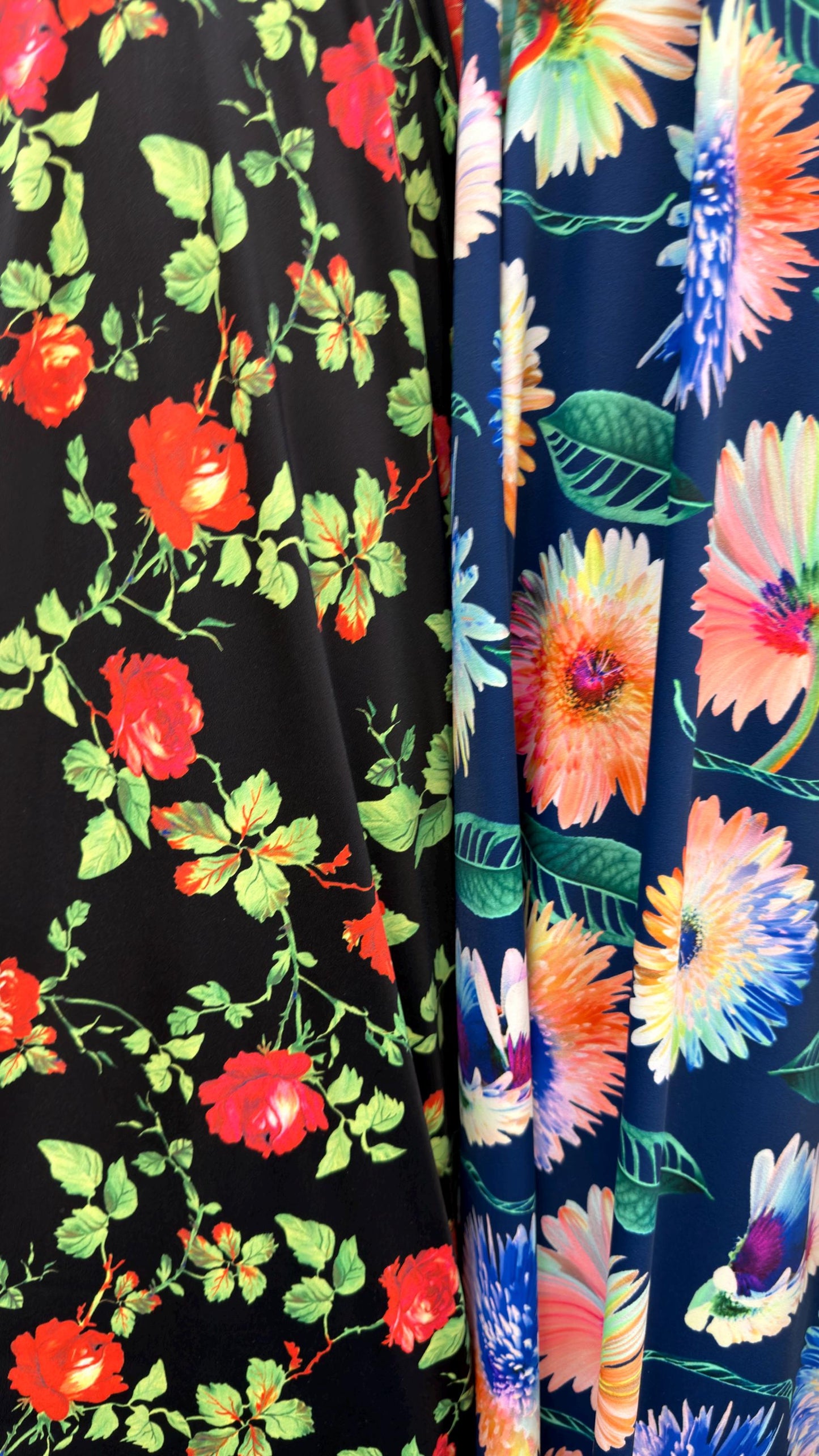 New modern flowers design multicolor print on best quality of nylon spandex 4-way stretch 58/60” Sold by the YD. Ships Worldwide from L.A CA