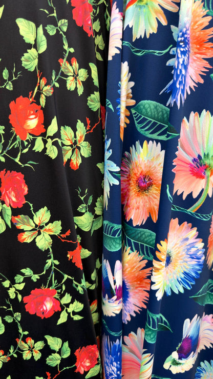 New modern flowers design multicolor print on best quality of nylon spandex 4-way stretch 58/60” Sold by the YD. Ships Worldwide from L.A CA