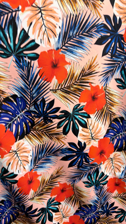 New Tropical flower design blush/multicolor print on best quality of nylon spandex 4-way stretch 58/60” Sold by the YD. Ships Worldwide